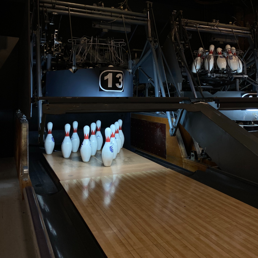 Bowling Pins at the end of the bowling lanes in Bowlounge Fort Worth