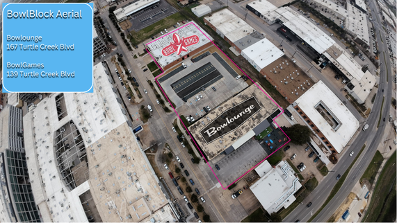 an aerial view of Bowl Block, showing the parking lot connecting BowlGames and Bowlounge in Dallas.